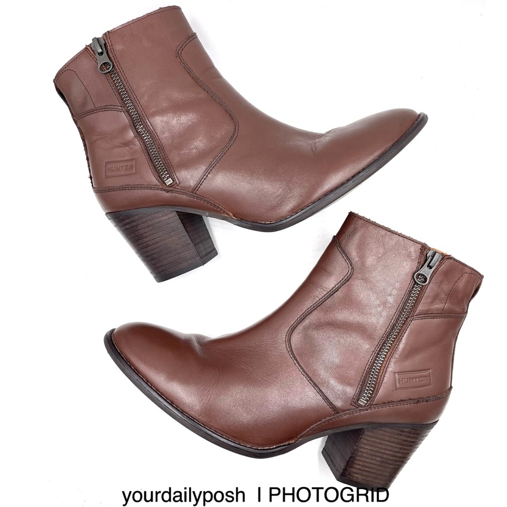 Hunter brown leather Refined block heel zip up ankle boots UK 7.5